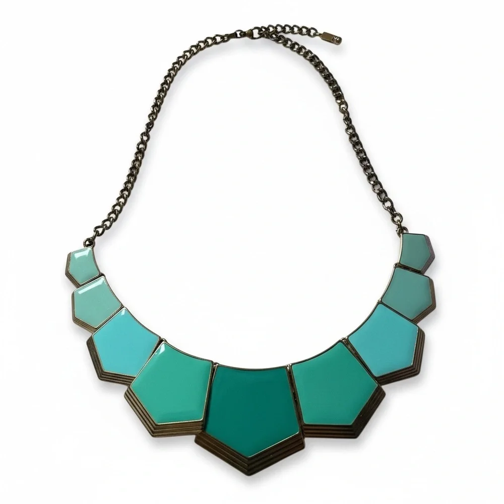 Y2K Boho Green & Blue Statement Necklace Gold Chain Adjustable Geometric